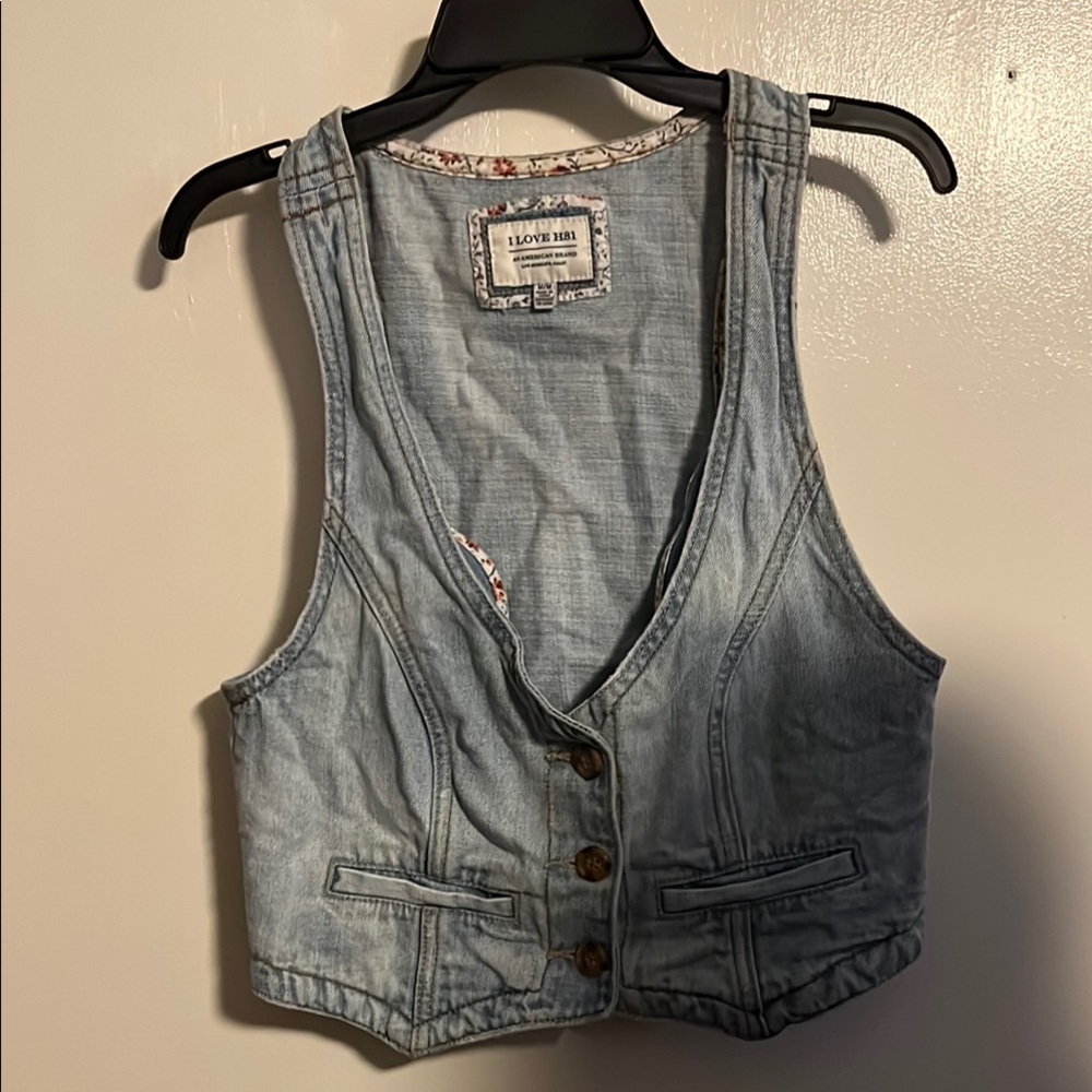Hollister Light Blue Denim Vest with Floral Trim - Picture 1 of 3